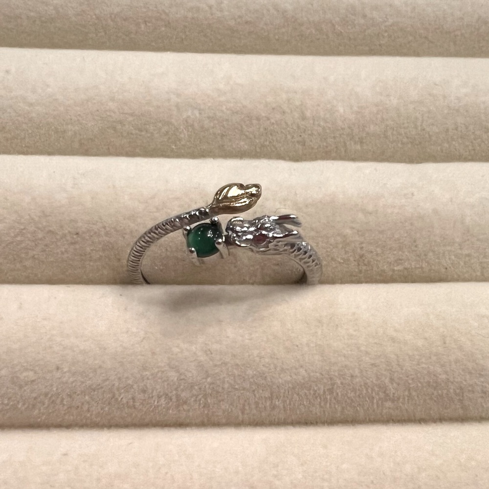 Sterling Silver and Emerald Dragon Ring, adjustable size